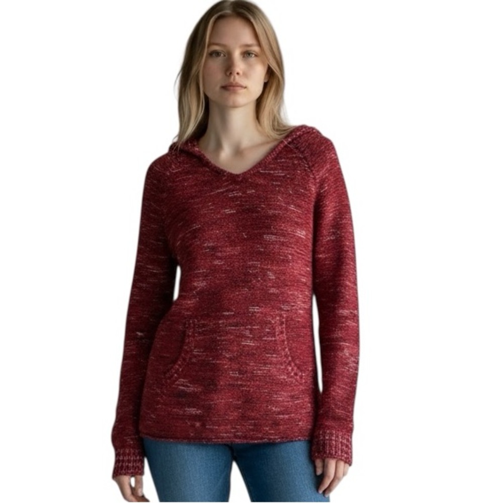 EDDIE BAUER Longline Sweater Hoodie Burgundy V-Neck & Kangaroo Pocket Size Large